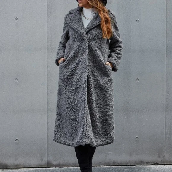 Cozy Charcoal Grey Teddy Button up Long Jacket Coat - Picture 3 of 6